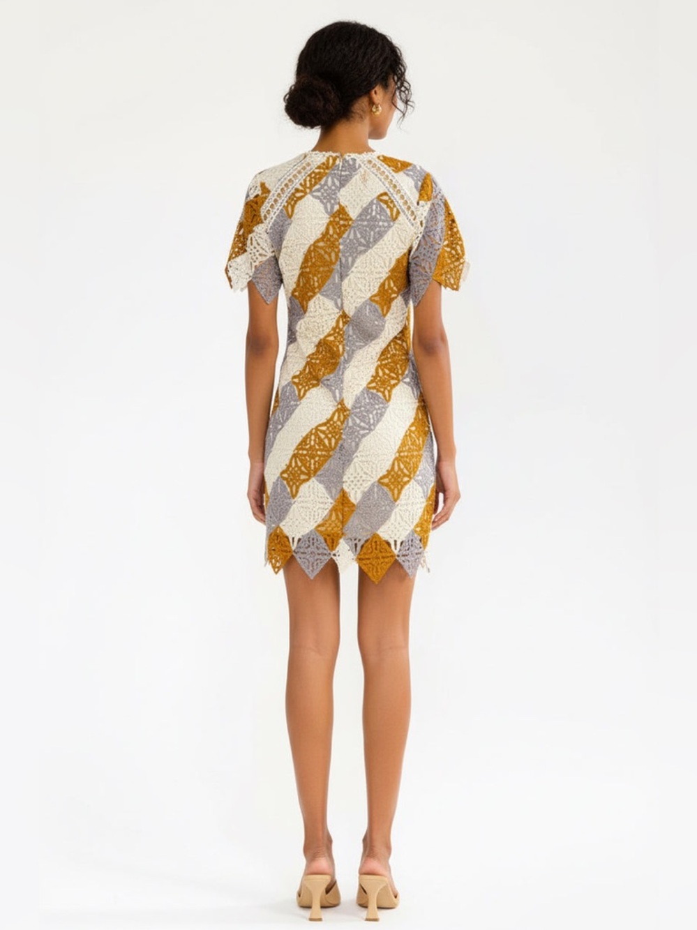 Chevron Lace Mini Dress in Mustard, Gray, and Cream - Picture 2 of 6